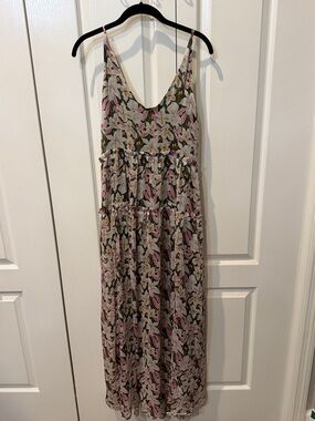 Kori Floral Tiered Spaghetti Strap Maxi Dress in Pink and Green Sz ML